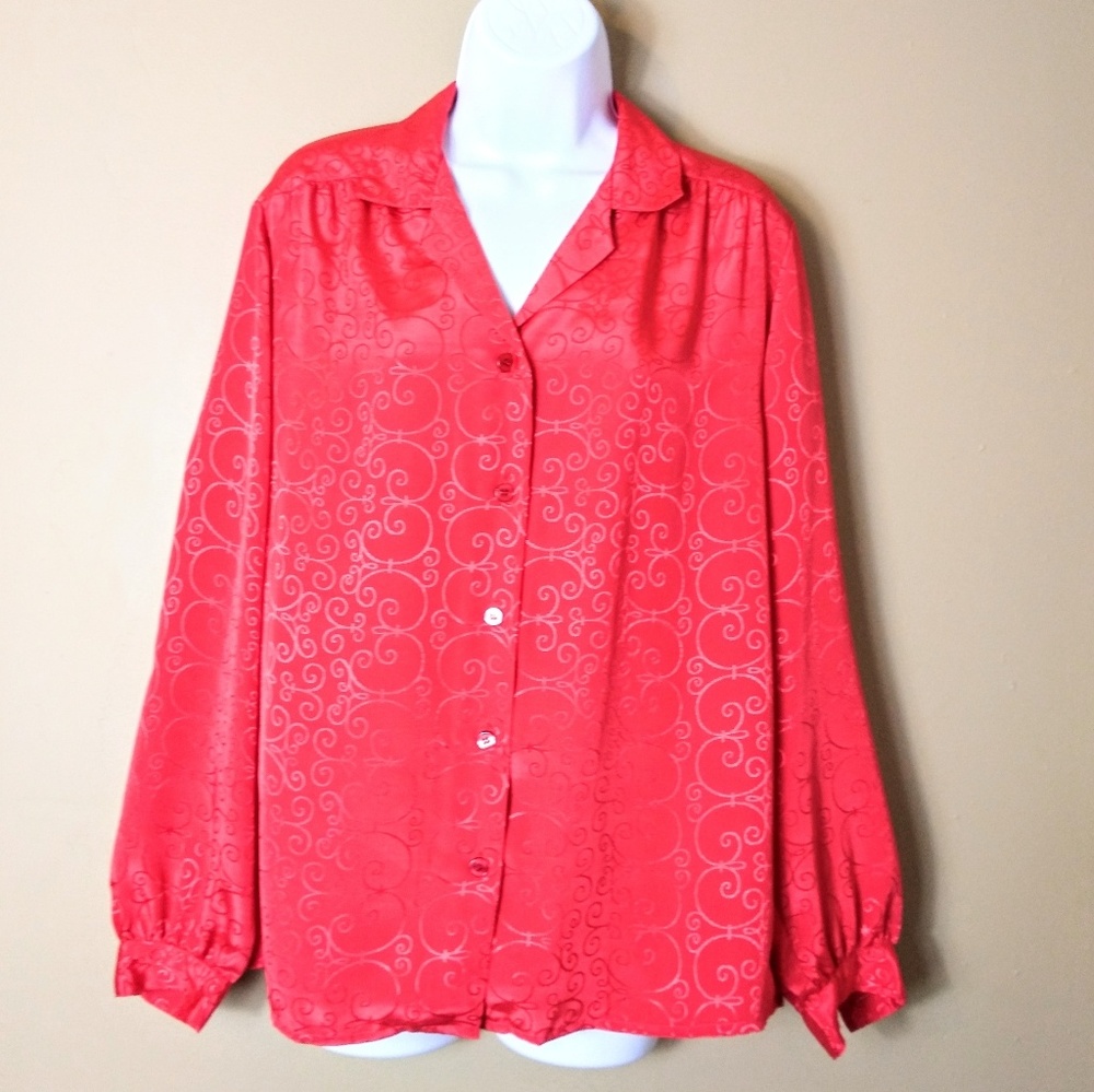 LESLIE FAY vintage red silky blouse sz 10